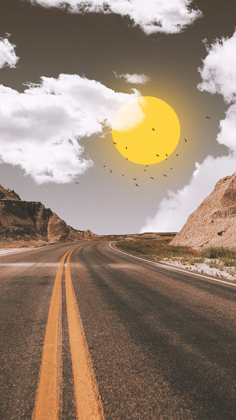 Road To Nowhere, clouds, collage, nature, retro, sky, sun, surreal, travel, wanderlust, HD phone wallpaper