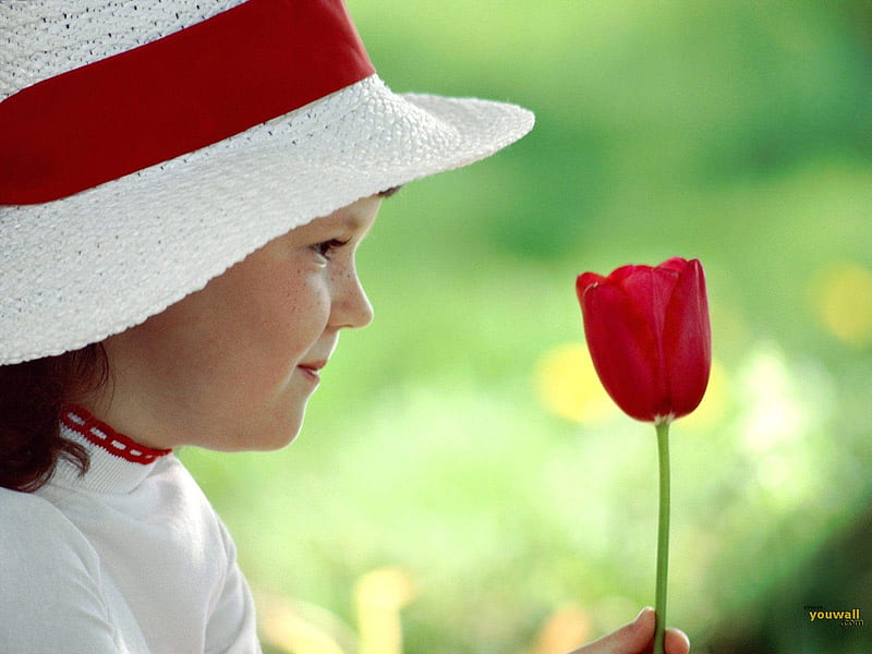 My heart for you..., love, flower, child, pensive, tulip, hat, HD wallpaper