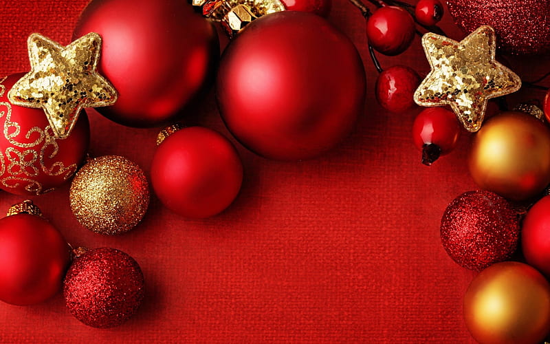 Merry Christmas!, red, ball, deco, craciun, christmas, golden, star, card, HD wallpaper