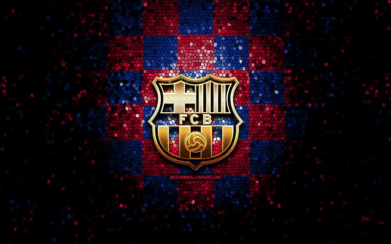  FC Barcelona, ​​​​logotipo brillante, La Liga, fondo a cuadros azul púrpura, fútbol, ​​Fondo de pantalla HD