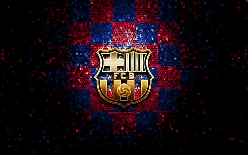 FC Barcelona, glitter logo, La Liga, blue purple checkered background, soccer, Barcelona FC, spanish football club, Barcelona logo, mosaic art, football, LaLiga, Spain, FCB, HD wallpaper