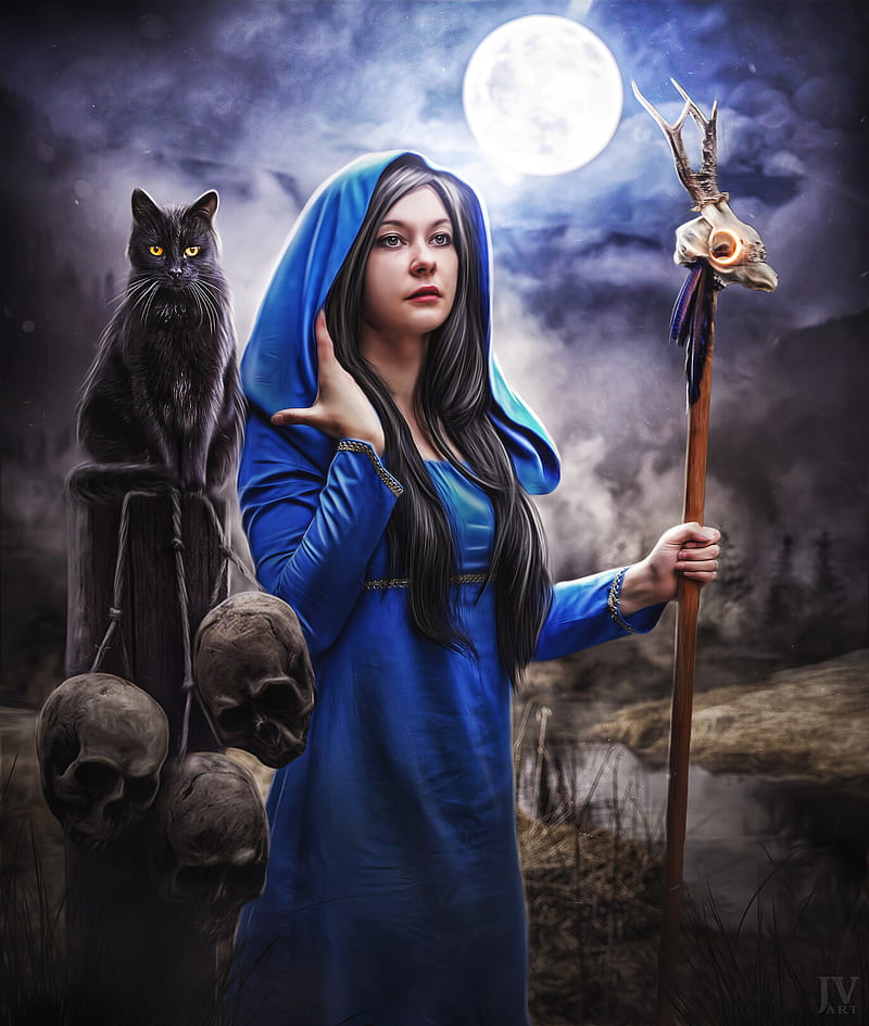 Blue Wizard, black, brunette, cats, hood, moonligh, night, hop, skull, woman, HD phone wallpaper