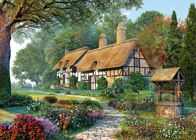 Wishing Well Lane, cottage, well, summer, flowers, lane, country, wishing, HD wallpaper