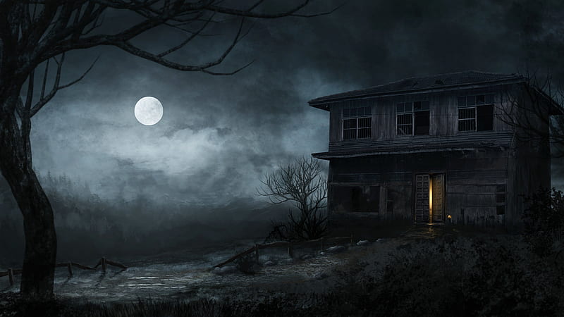 Dark Night, black and white, dark, house, landscape, moon, scary, tree, winter, HD wallpaper