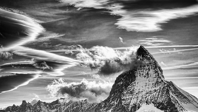 the matterhorn in grayscale r, mountain, range, grayscale, r, clouds, sky, HD wallpaper