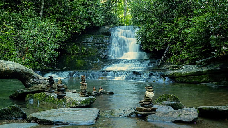 North Georgia Waterfall, pond, river, cascades, trees, usa, stones, HD wallpaper