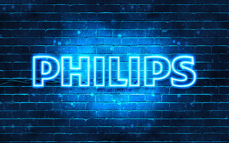 Philips blue logo blue brickwall, Philips logo, brands, Philips neon logo, Philips, HD wallpaper