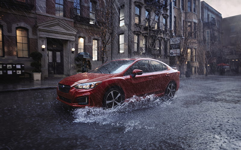 Subaru Impreza, 2017 sedan, red Impreza, Japanese cars, driving in the rain, downpour, Subaru, HD wallpaper