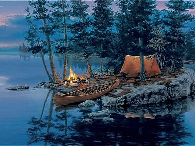 Camping, fire, boat, ship, nature, trees, lake, HD wallpaper