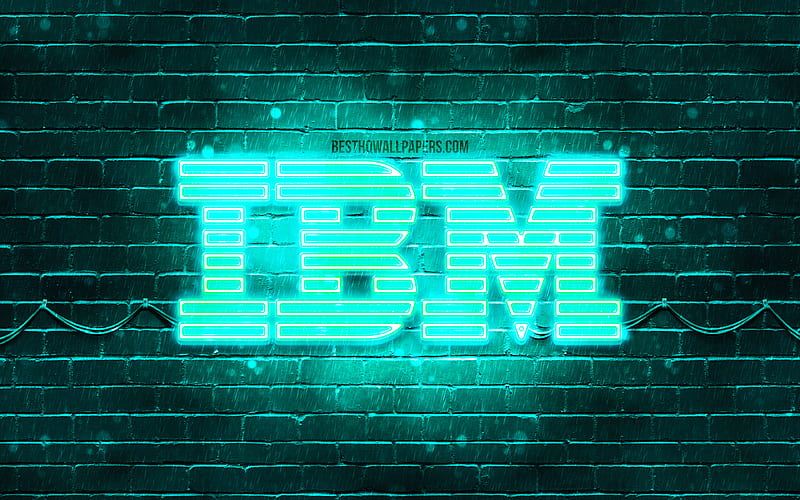 IBM turquoise logo turquoise brickwall, IBM logo, brands, IBM neon logo, IBM, HD wallpaper