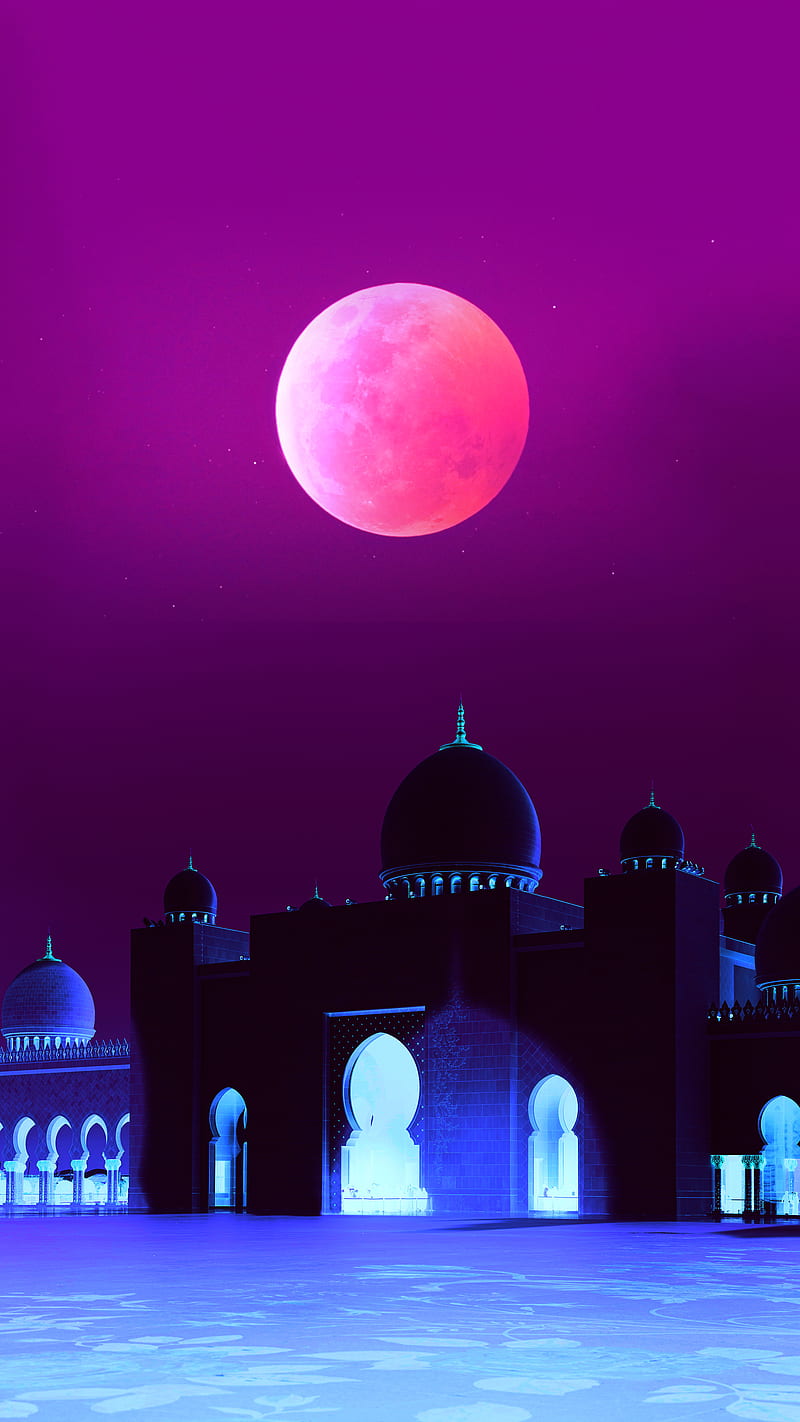 Sheikh Zayed Mosque, Building, Fullmoon, Moon, Pink, Sheikh zayed, mosque, HD phone wallpaper