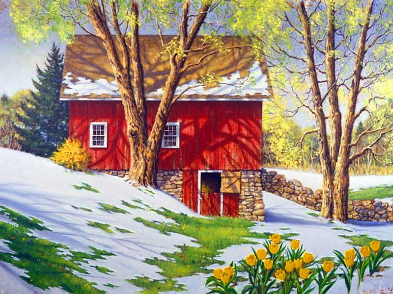 Spring thaw, art, house, lovely, grass, cottage, thaw, crocuses, bonito, spring, trees, snow, painting, vilalge, flowers, peaceful, HD wallpaper
