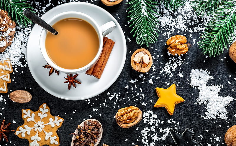 Christmas Cup of Coffee, Winter Mood Ultra, Holidays, Christmas, Winter, Green, Star, Table, Cookie, Wooden, Coffee, Tree, Pine, Snow, Decoration, Snowflakes, December, Holiday, Branches, Sweet, cake, Celebration, Sugar, Traditional, spices, Food, Cones, Gingerbread, nuts, Cinnamon, homemade, firtree, firtreebranch, anise, PineTreeBranch, cupofcofee, HD wallpaper