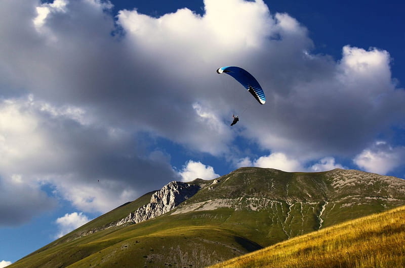 paraglider, mountain, nature, fun, field, HD wallpaper