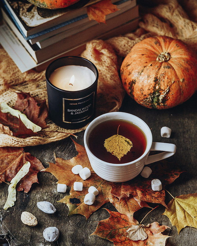 tea, cup, candle, autumn, leaves, comfort, HD phone wallpaper
