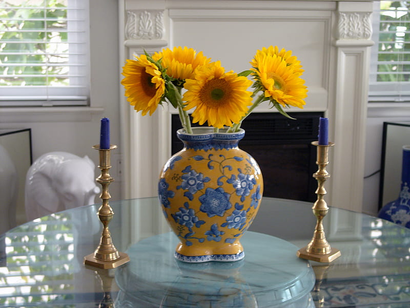 Sunflowers makes me happy , wonderful, yellow, vase, livingroom, sunflowers, bright, morning, yellow and blue, blue, candleholders, window, beautiful house, golden, cristal table, candles, white fireplace, entertainment, fashion, style, HD wallpaper