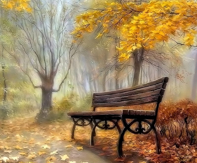 Bench in Autumn Park, Park, Painting, Bench, Autumn, HD wallpaper