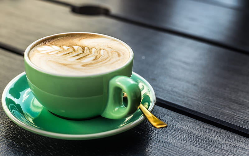 Latte art, cup of coffee, cappuccino, green cup, coffee, morning, breakfast, HD wallpaper
