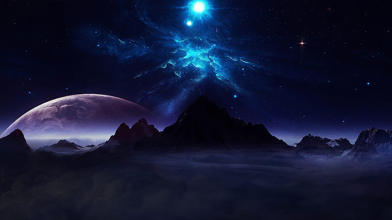 Outer space, universe, space, mountains, skylights, clouds, sky, planets, stars, digital, landscape, HD wallpaper