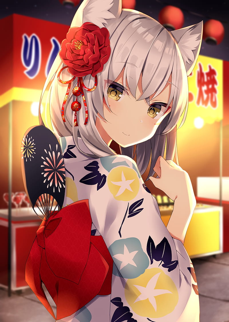 yukata, anime girl, animal ears, white hair, festival, smiling, Anime, HD phone wallpaper