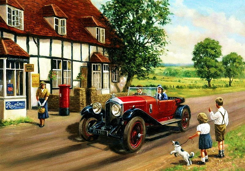 Vintage Car, oldtimer, house, people, road, trees, artwork, dog, HD wallpaper