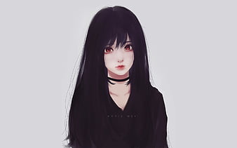 Beautiful anime girl with black hair and red eyes
