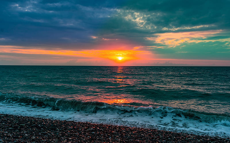 seaside, sunset, pebbles, evening, waves, pebbles coast, sea, HD wallpaper