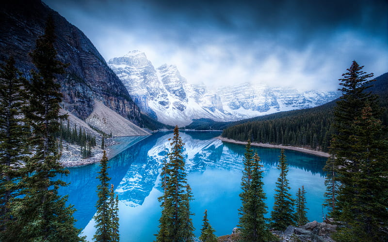 Moraine Lake, darkness, Banff, mountains, blue lake, Banff National Park, Alberta, Canada, HD wallpaper