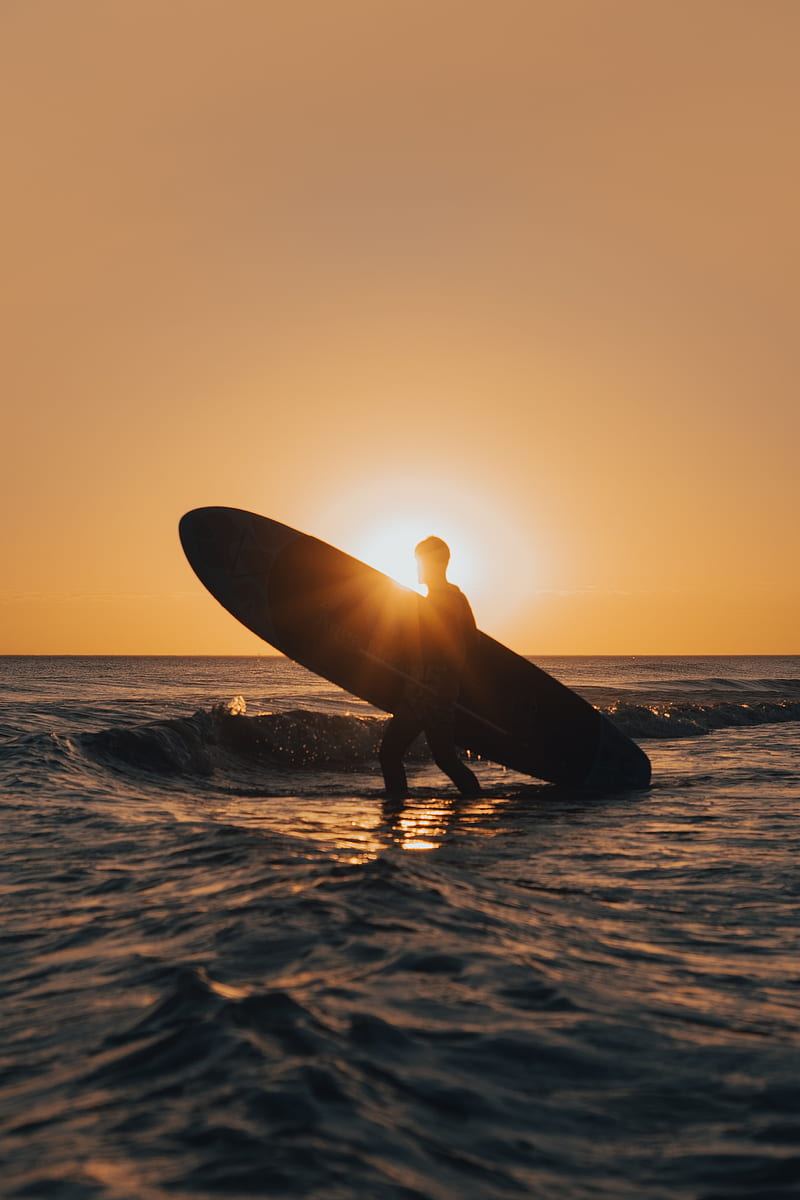 surfing, surfer, silhouette, sunset, waves, HD phone wallpaper