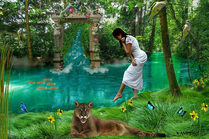 ~ Touch of Paradise ~, pretty, grass, women, sweet, fantasy, flutter, splendor, manipulation, love, flowers, beauty, face, tender, wings, lovely, models, touch, birds, lips, trees, lion, cute, water, cool, paradise, eyes, colorful, dress, bonito, digital art, hair, leaves, people, girls, gorgeous, animals, female, colors, butterflies, lake, pond, plants, HD wallpaper