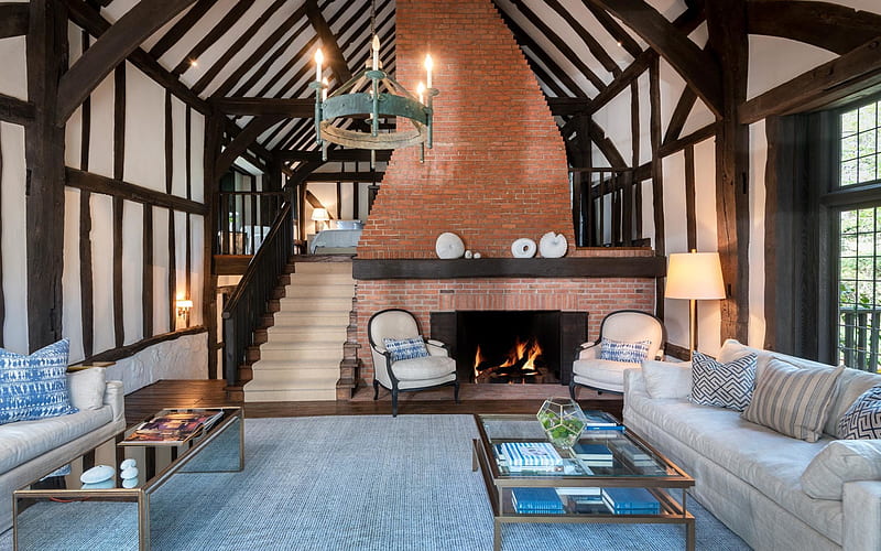 country house, living room, interior design, red brick fireplace, wood beams on the ceiling, HD wallpaper