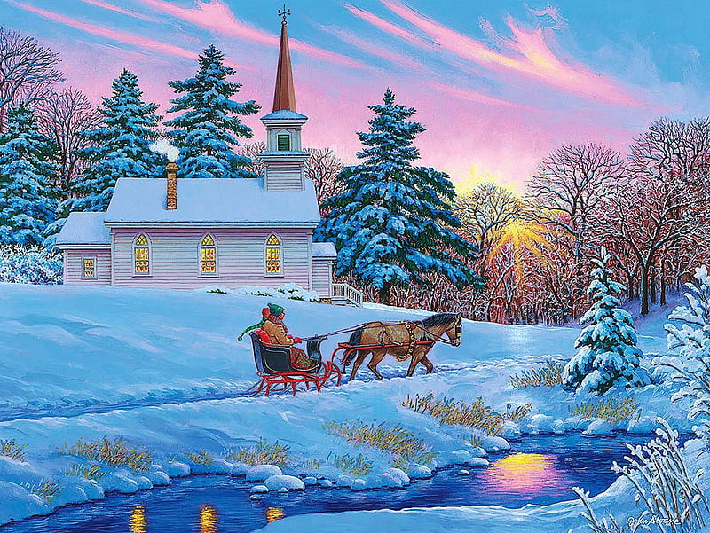 Guiding Light, sunset, sky, trees, horse, winter, sleigh, church, artwork, snow, painting, HD wallpaper