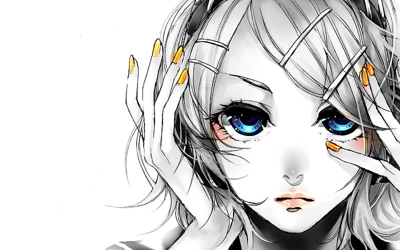 Kagamine Rin monochrome, blue eyes, Vocaloid, HD wallpaper