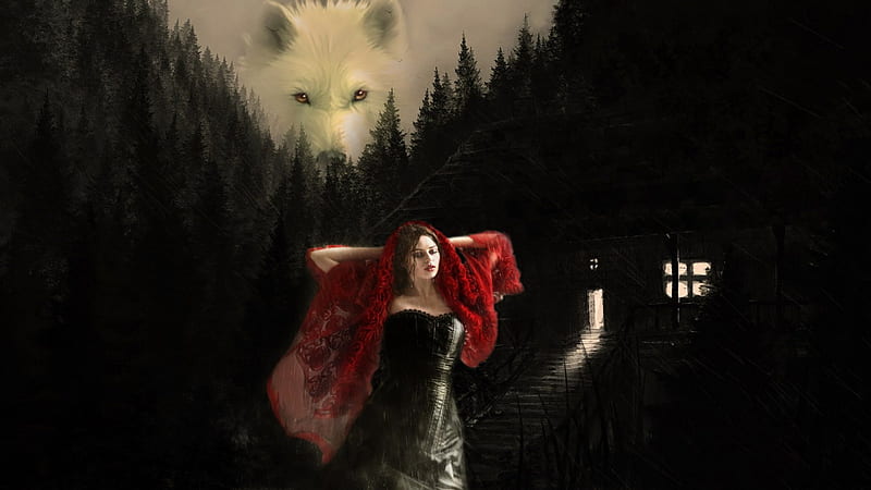 Watching through the darkness..., cottage, white wolf, red shawl, woman, night time, leather dress, fantasy, black forest, darkness, rain, wolf, wolves, red eyes, HD wallpaper