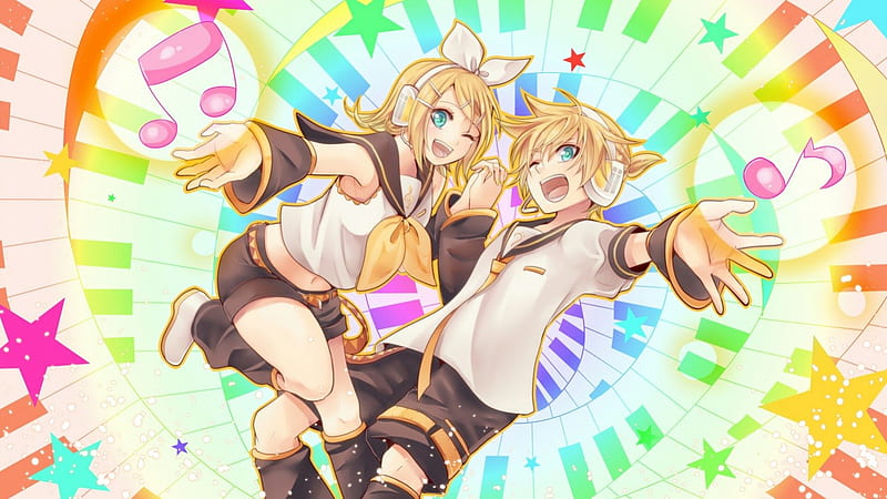 Len & Rin Kagamine, vocaloid, blonde, music notes, len and rin kagamine, siblings, winks, anime, twins, friends, HD wallpaper