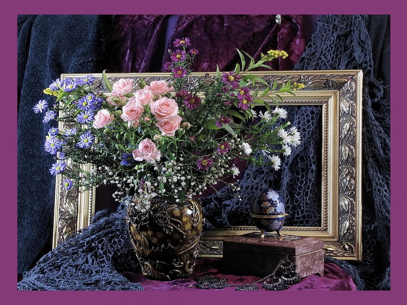 Artistry, egg, purple, frame, flowers, pink, jewelry, HD wallpaper