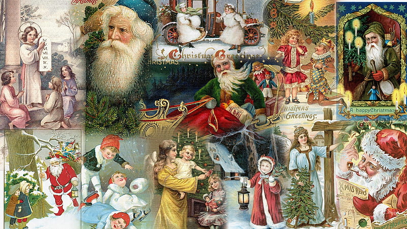 Vintage Christmas Card Collage, feliz navidad, saint nicholas, christmas, children, firefox persona, saint nick, xmas, antique, cards, santa clause, claus, vintage, HD wallpaper