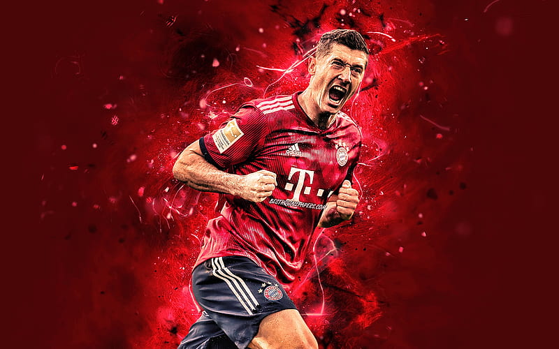 Robert Lewandowski, Bayern Munich FC, joy, polish footballers, close-up, soccer, goal, Lewandowski, Bundesliga, neon lights, Germany, HD wallpaper