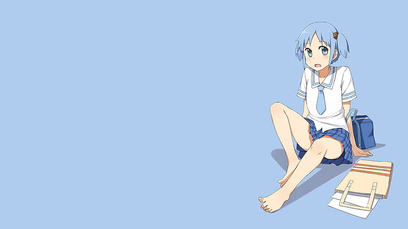 girl relaxing, bare, mio, dress, naganohara, book, nichijou, sexy, cute, girl, anime, foot, seifuku, blue, HD wallpaper