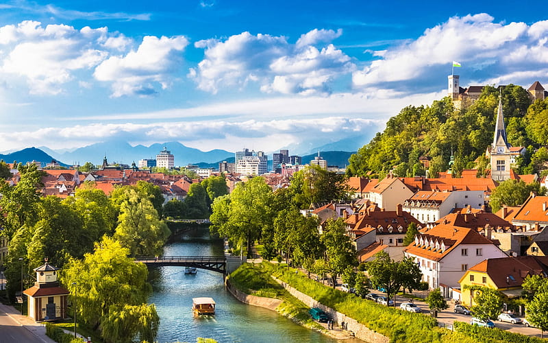 Ljubljana, The capital of Slovenia, summer, river, cityscape, mountains Slovenia, HD wallpaper