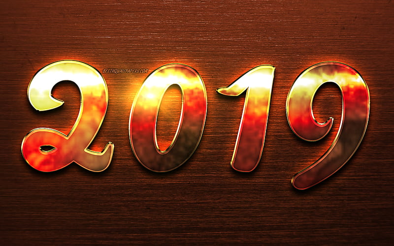 Happy New Year 2019, artwork, 2019 bronze digits, creative, brown background, 2019 concepts, 2019 on metal grid, 2019 year digits, HD wallpaper