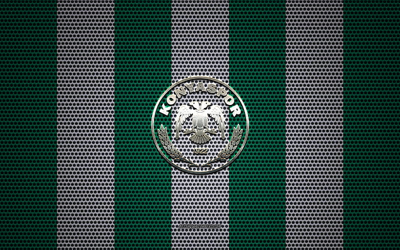 Konyaspor logo, Turkish football club, metal emblem, green and white metal mesh background, Super Lig, Konyaspor, Turkish Super League, Konya, Turkey, football, HD wallpaper
