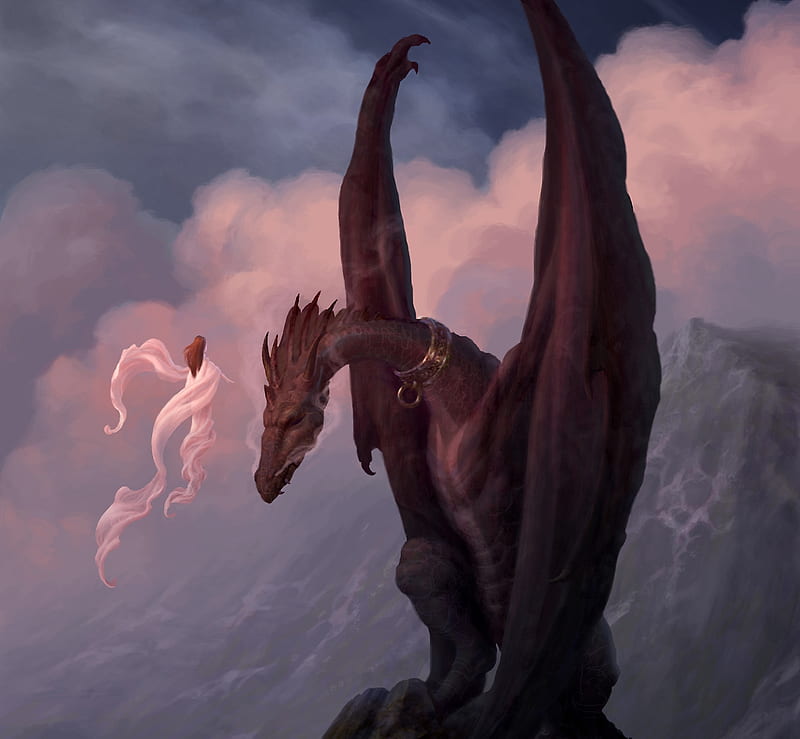 Taming of Naas by Christophe Vacher, red, art, luminos, dragon, fantasy, naas, christophe vacher, girl, pink, HD wallpaper