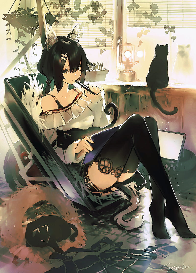anime, anime girls, legs, sitting, stockings, tail, cats, HD phone wallpaper