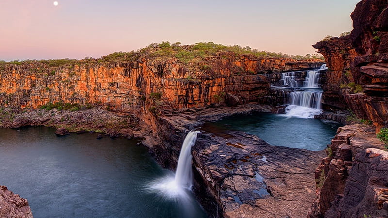 Mitchell Falls Moonrise, cliffs, Australia, canyon, rivers, waterfalls, HD wallpaper