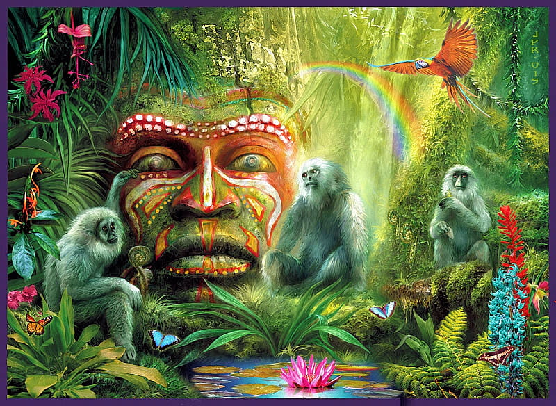 Three Monkeys, sunrays, aterlily, painting, jungle, parrots, trees, artwork, animals, HD wallpaper