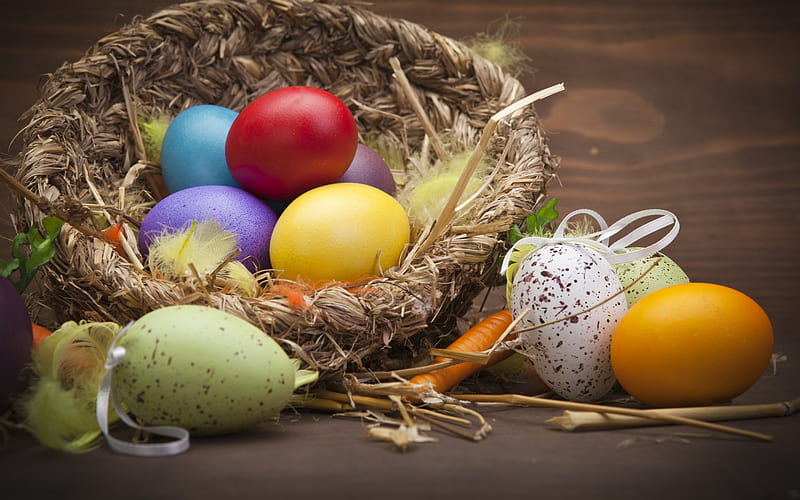 Easter, nest, colored easter eggs, easter decoration, spring holidays, HD wallpaper
