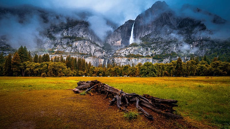Yosemite NP in fall colors, California, rocks, landscape, waterfall, clouds, trees, usa, HD wallpaper