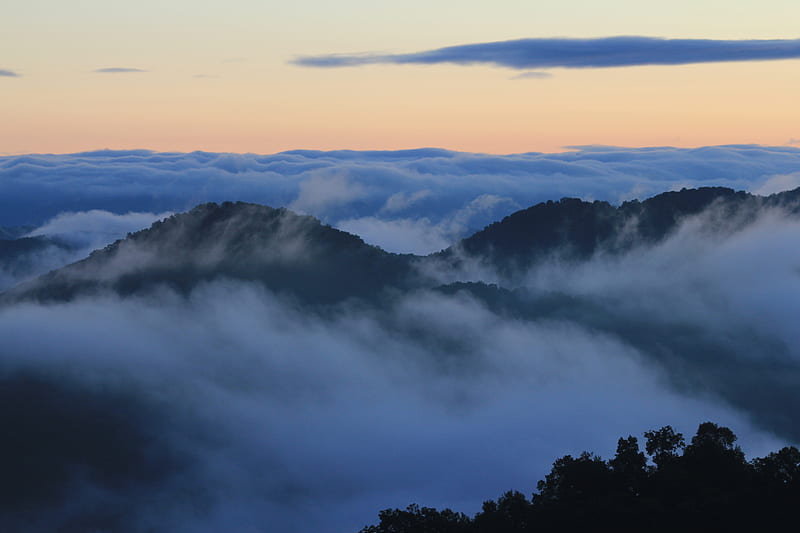 mountains, peaks, clouds, fog, landscape, HD wallpaper