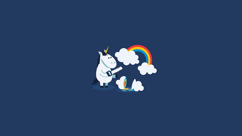 Whats at the end of the rainbow?, red, yellow, adorable, magic, rainbow, clouds, green, saw, blue, minimal, unicorn, minimalistic, cute, horn, magical, funny, white, HD wallpaper
